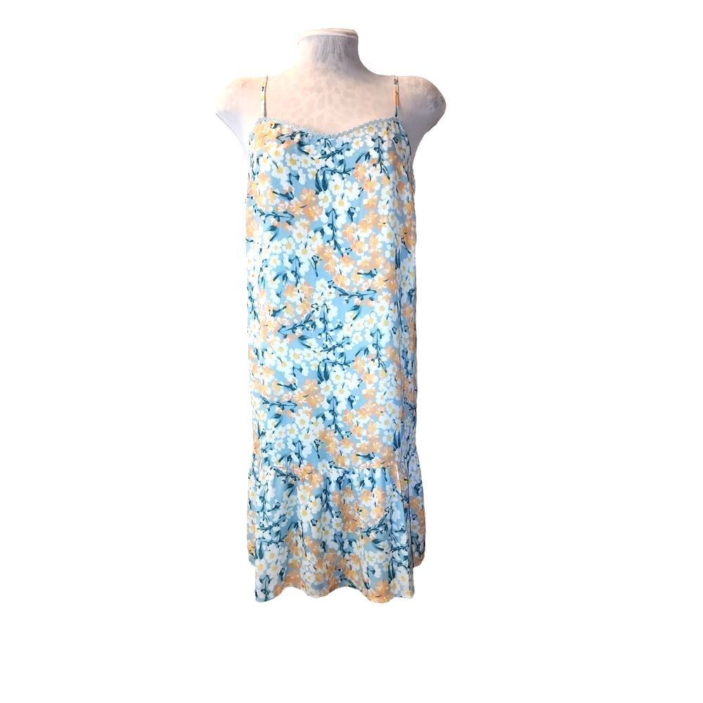 19 Cooper Blue & Orange Floral Flounce Hem‎ Sleeveless Mini Dress Size L